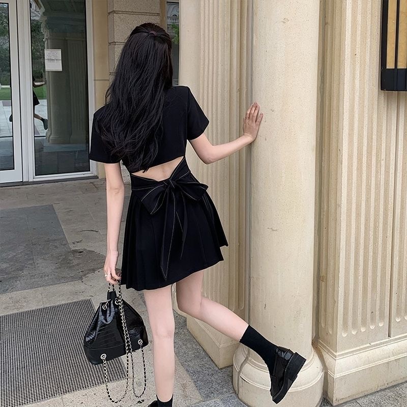 Đầm Thiết Kế Bigsize Aimeehouse Đầm Kiểu Cổ Vest Thắt Nơ Eo Hở Lưng Màu Đen Tôn Dáng