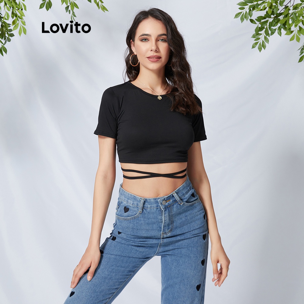 Áo thun Lovito cổ tròn buộc dây màu đen L09086 | BigBuy360 - bigbuy360.vn