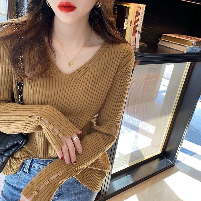 Áo Len Nữ Tay Dài Cổ Chữ v Màu Trơn Thời Trang