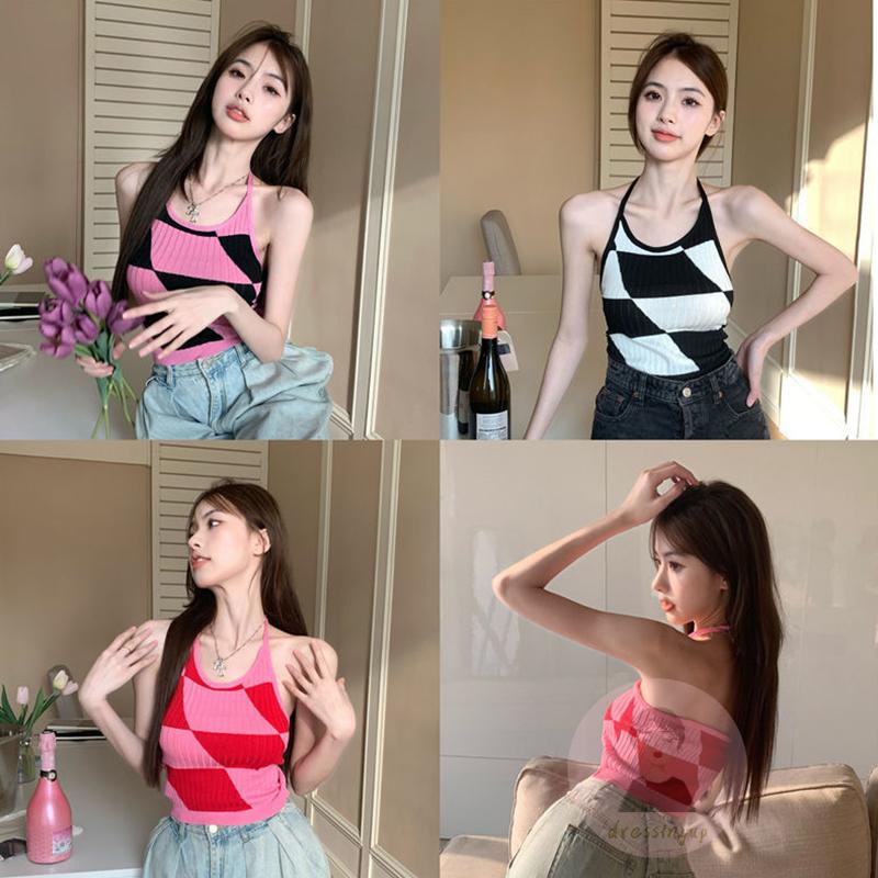 Áo Tank Top Dệt Kim Sát Nách Cổ Yếm In Họa Tiết Hình Thoi Màu Đen / Hồng Nhạt / Hồng Nhạt Cho Nữ