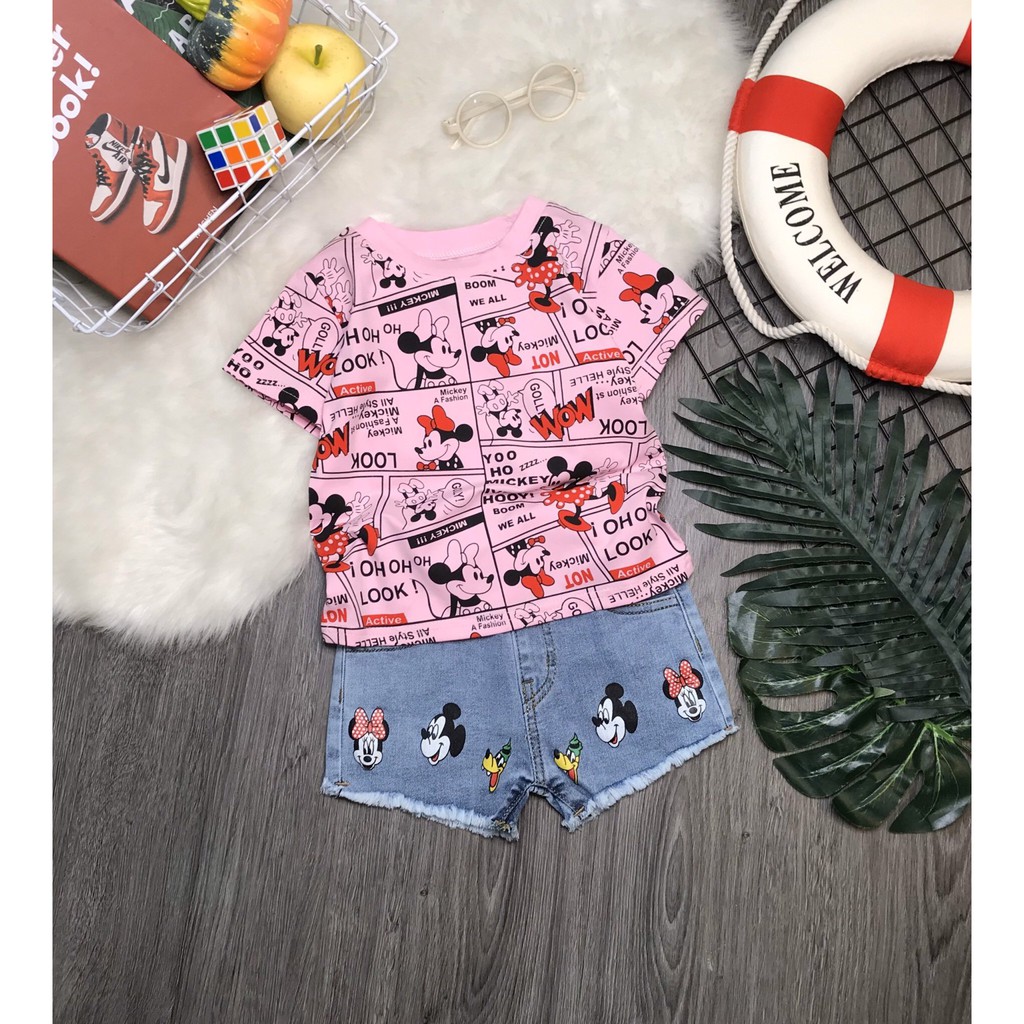 SÉT ÁO MICKEY PHỐI QUẦN SHORT JEAN BÉ GÁI