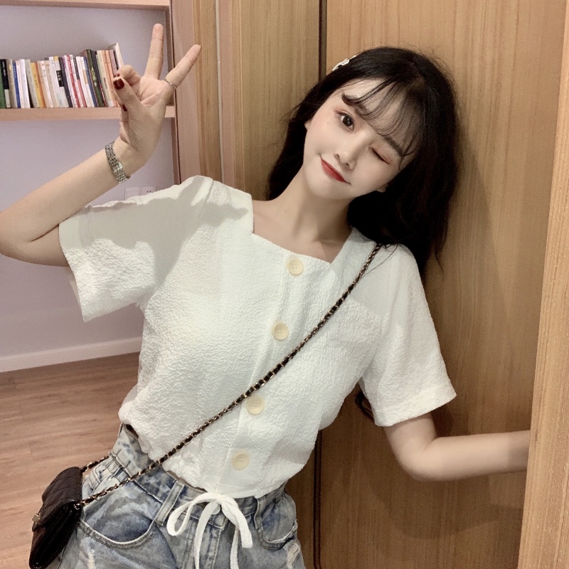 [Hàng Có Sẵn] Áo Tay Ngắn Cổ Vuông Eo Cao Rút Dây Phong Cách Hàn Quốc