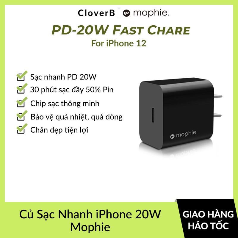 Cốc Sạc Nhanh PD 20W Mophie Power Delivery 1 Cổng USB-C, Dùng Cho iPhone 12 Promax, iPad, Chip Sạc Thông Minh An Toàn