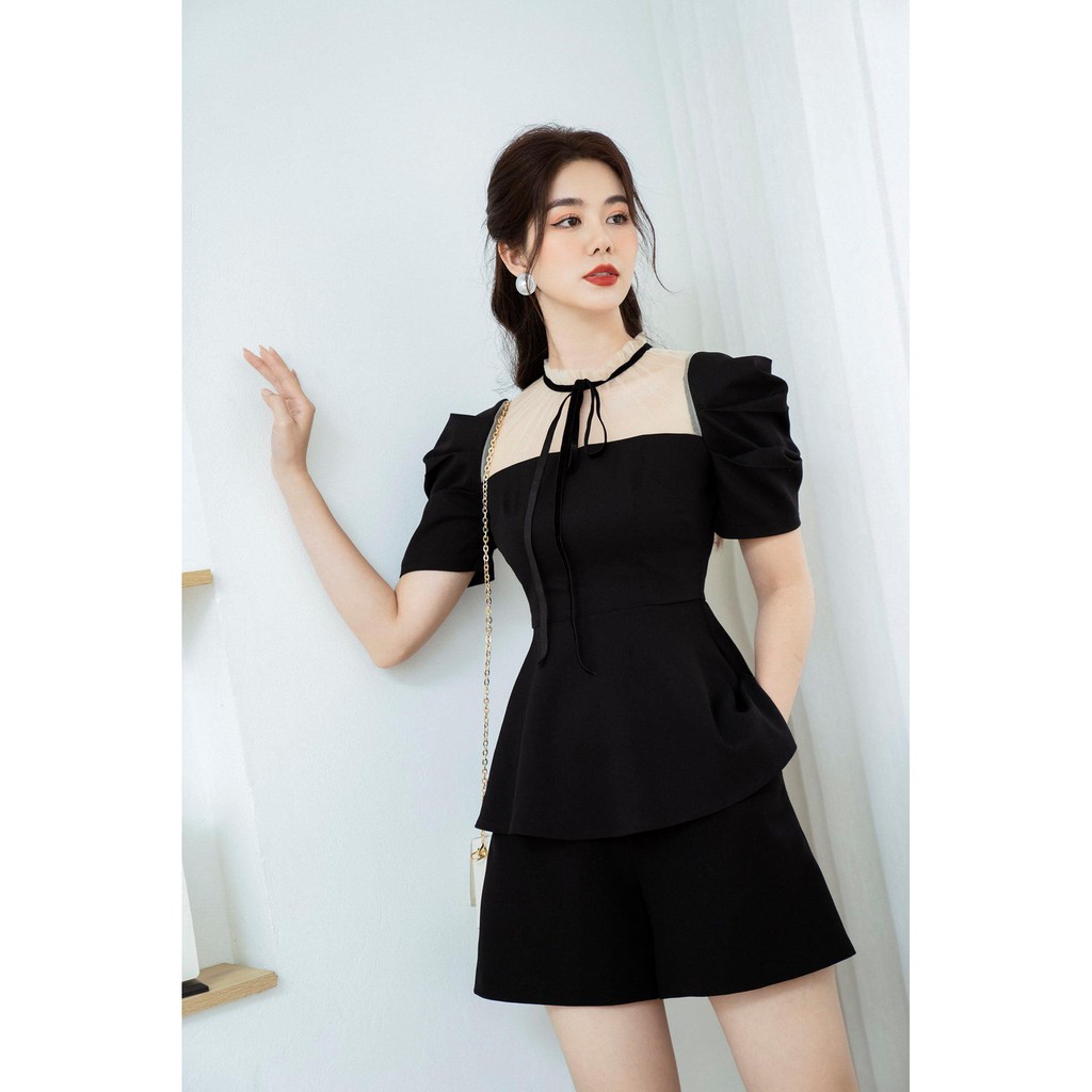 TIIN STORE Áo phối lưới cổ bèo dây nơ tay ly peplum  by Tiin