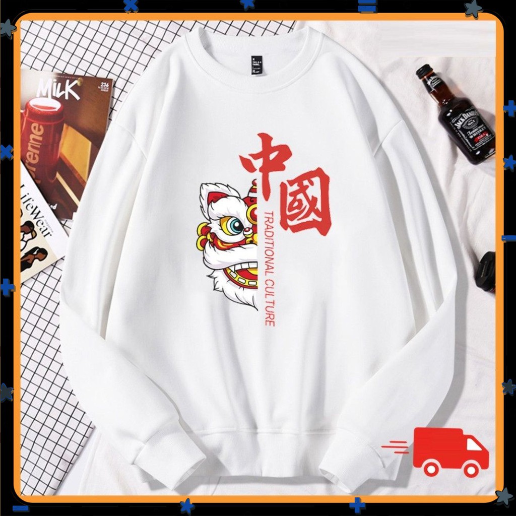 Áo Sweater Cổ Tròn Dài Tay NAM Nữ Màu Trắng Chất Vải Nỉ Poly Hàng Freesize 1 Cỡ Dáng Rộng Dưới 65kg Mặc Vừa (Đầu Lân) | BigBuy360 - bigbuy360.vn