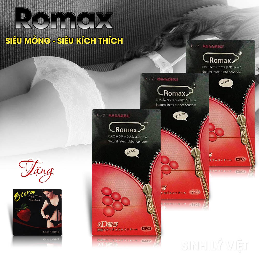 [Combo 2 Hộp] Bao Cao Su Romax 3D (Hộp 12c) Kéo Dài Thời Gian Tăng Khoái Cảm. Bcs Siêu Mỏng Tăng Hưng Phấn+Tặng Ok Durex