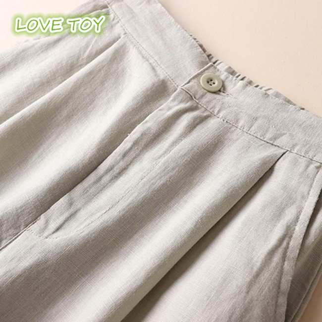 Women Fashion Cotton Linen Solid Color Thin Wide Leg Loose Ninth Pants | WebRaoVat - webraovat.net.vn