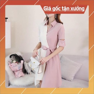 Đầm váy sơ mi Hồng Vạt Chéo Phối Trắng