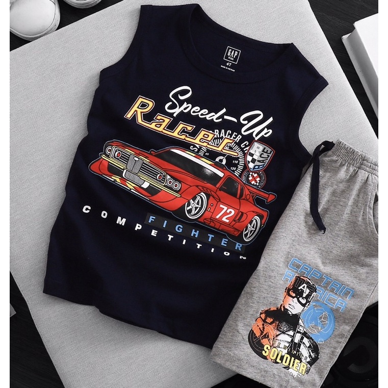 Đồ bộ sát nách balo thun cotton GAP bé trai 2-7T họa tiết chó cứu hộ, siêu nhện, khủng long, captain, superman