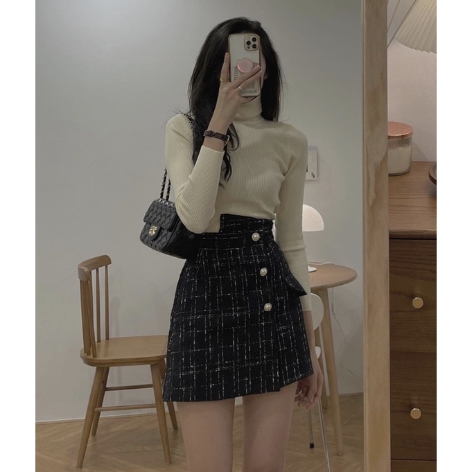 Chân váy chất dạ tweed hot đen trắng hàng Qc loại 1