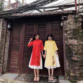 AD1314 Có size 4XL Set Áo Dài Cách Tân Suông cổ trụ đính hoa mai thêu kèm váy .