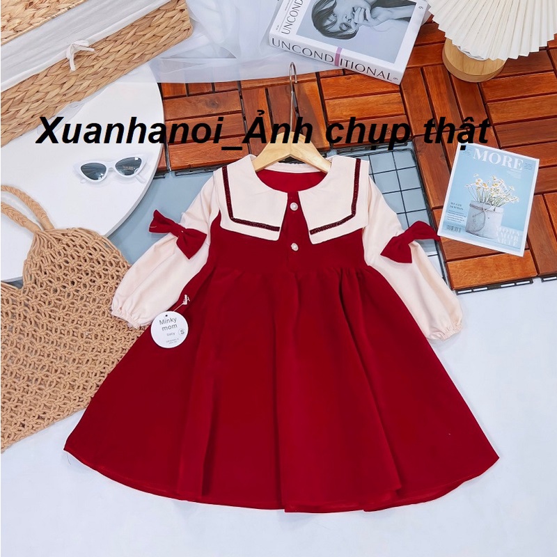 Váy bé gái nhung đỏ cổ và tay trắng diện Noel diện tết size Đại 20-32kg XHN1085