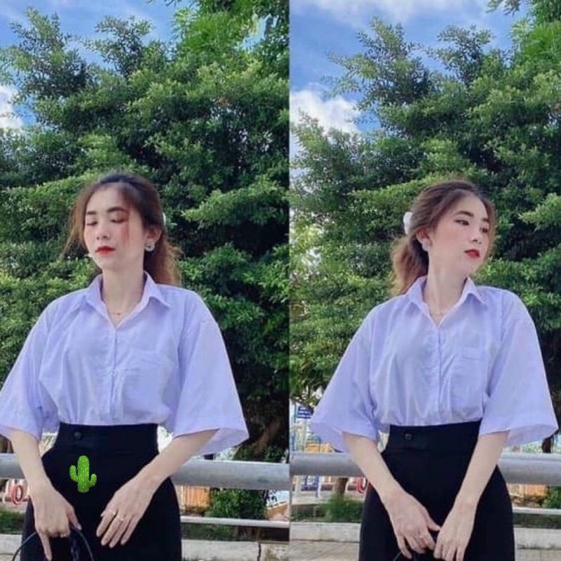 🌺 Áo sơ mi trắng nữ có túi tay lửng form rộng, chất Kate thái chuẩn đẹp, kiểu sơ mi học sinh🌺