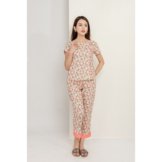 Bộ mặc nhà cotton quần dài áo cộc nữ Việt Thắng B48.2002 - Chất liệu mềm mại, thấm hút, mặc thoải mái