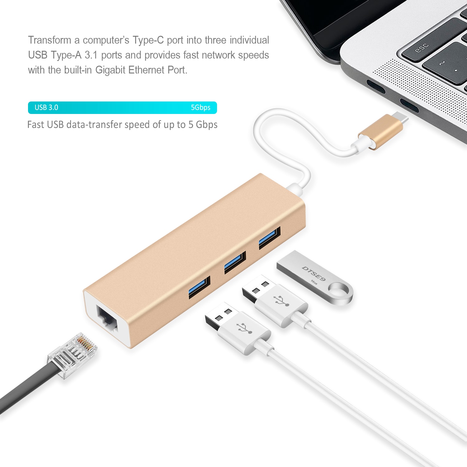 Bộ Chia 3 Cổng Usb 3.0 Hub Ethernet Rj45 Lan Usb C Hub Cho Macbook Pro Pc