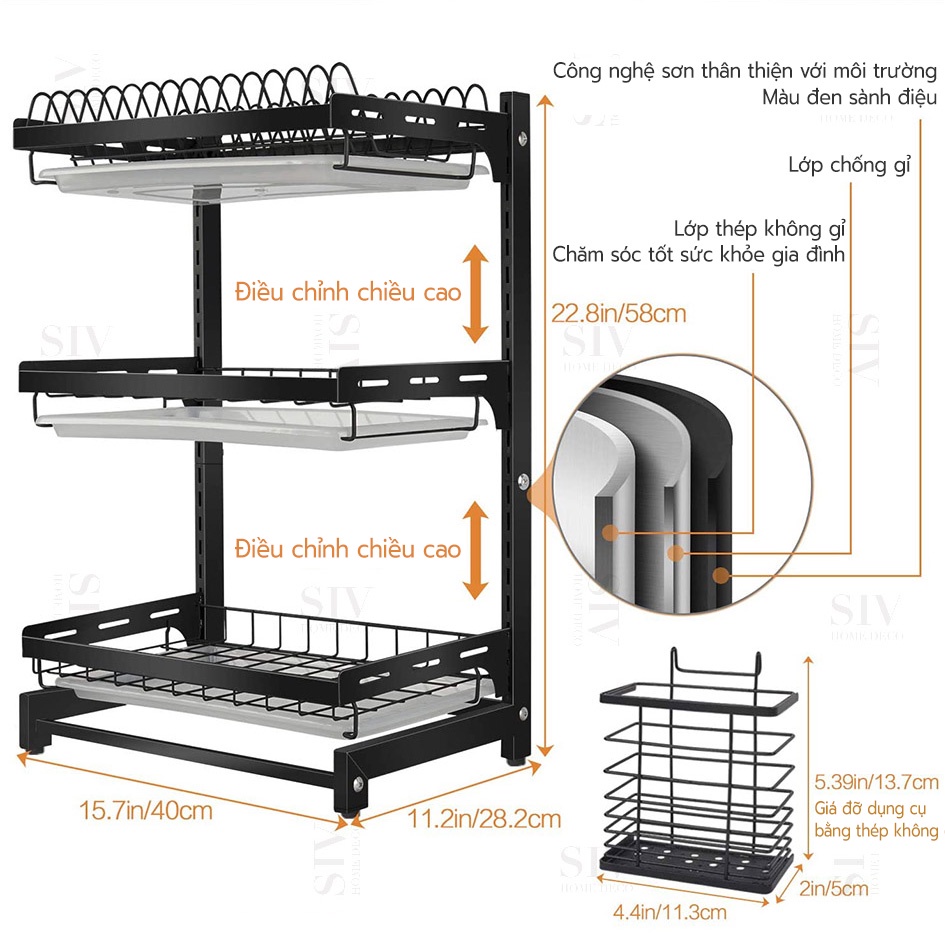 Kệ Để Chén Đĩa 2/3 Tầng SIV 2-in-1  Mặt bàn&amp; Treo Tường,Kệ chén bát , Giá bát đĩa treo tường