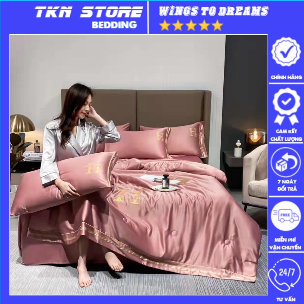 Bộ Chăn Ga Gối Phi Lụa Thêu Chữ H LUXURY Life Mềm Mịn Sang Trọng , Set Lụa 4 Món Chăn Trần Hè Mát Lạnh Mẫu Mới 2022