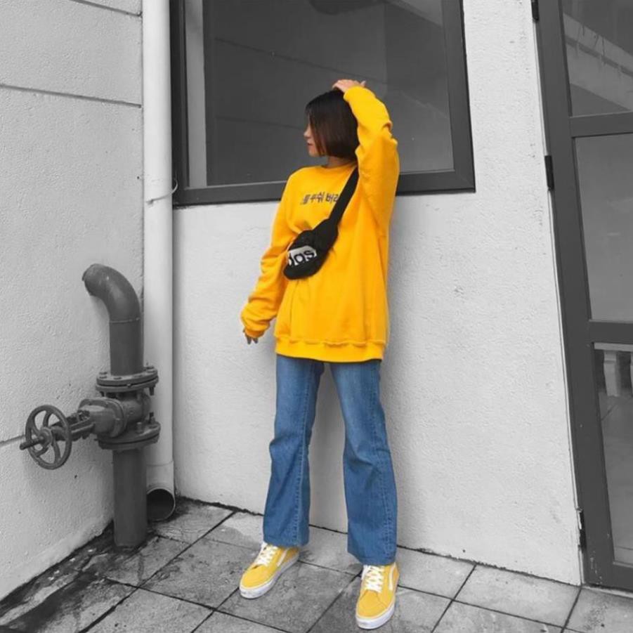 Áo Sweater Hàn KOREAN VÀNG CHỮ XANH UNISEX / NEVA DIE VÀNG (form rộng Châu Âu)