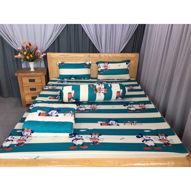 Bộ drap thun☘️FREESHIP☘️ga thun lạnh Hàn Quốc mẫu chuột mickey ( 1 ga, 3 vỏ gối)