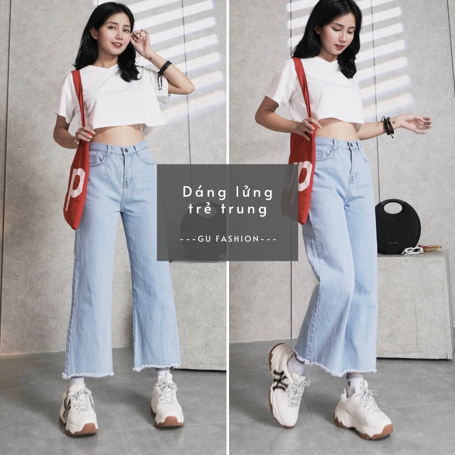 Quần Jean Nữ Ống Rộng Dáng Xuông Lửng Cạp Lưng Cao Màu Xanh Trơn Basic Thương Hiệu GUF | BigBuy360 - bigbuy360.vn