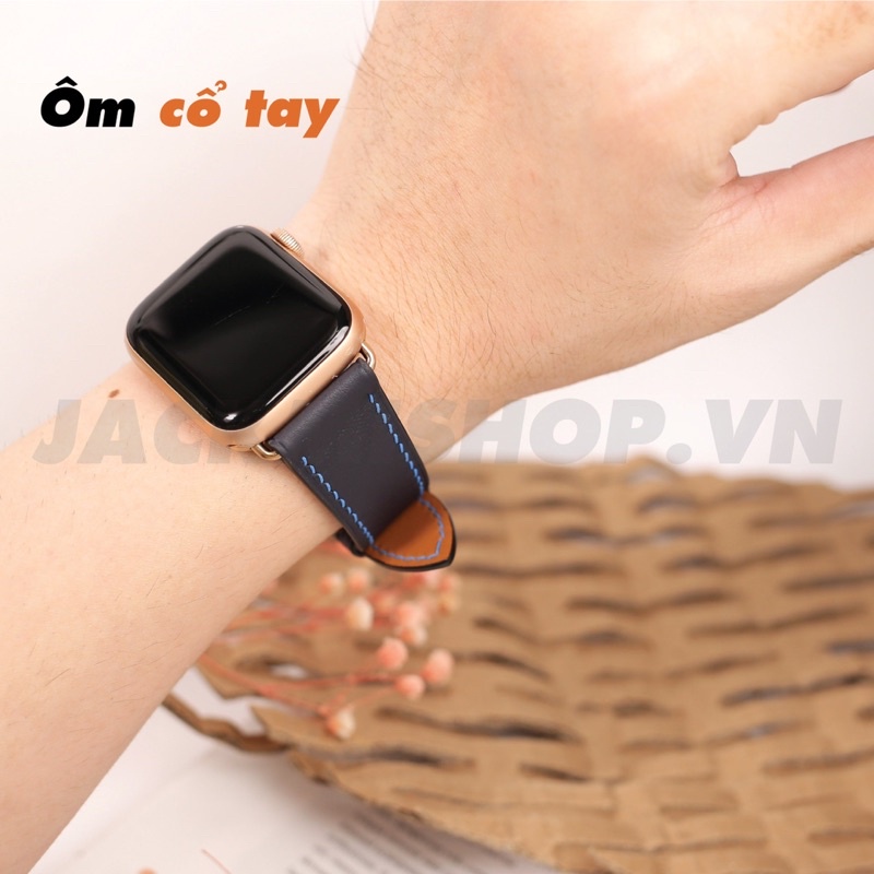 [BẢO HÀNH 1 NĂM] Dây Da BÊ SWIFT may tay thủ công màu Xanh Đen chỉ Xanh khóa Bướm cho Apple Watch series 1/2/3/4/5/6/7