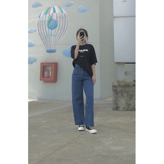 Quần Jeans Ống Rộng Xanh Trơn - Quần Ống Rộng Nữ Dáng Suông 1 Cúc Cạp Ulzzang