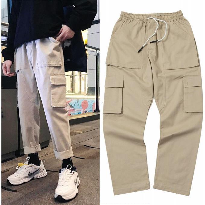 Quần Hiphop Ống Rộng Nhiều Túi Cotton Màu Trắng/Đen Thời Trang Cho Nam