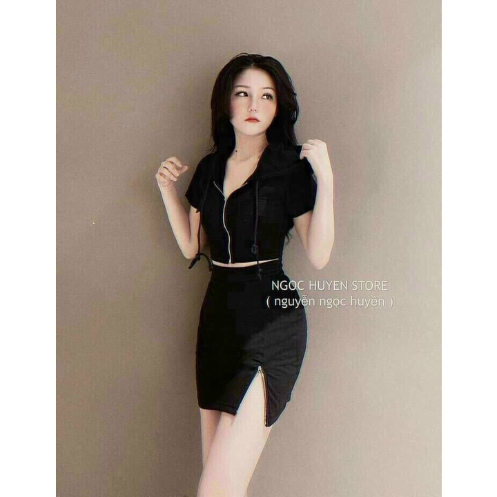 Set váy thun áo tay ngắn có khóa kéo váy ngắn ôm khóa kéo xẻ đùi, set váy hai món kèm ảnh thật