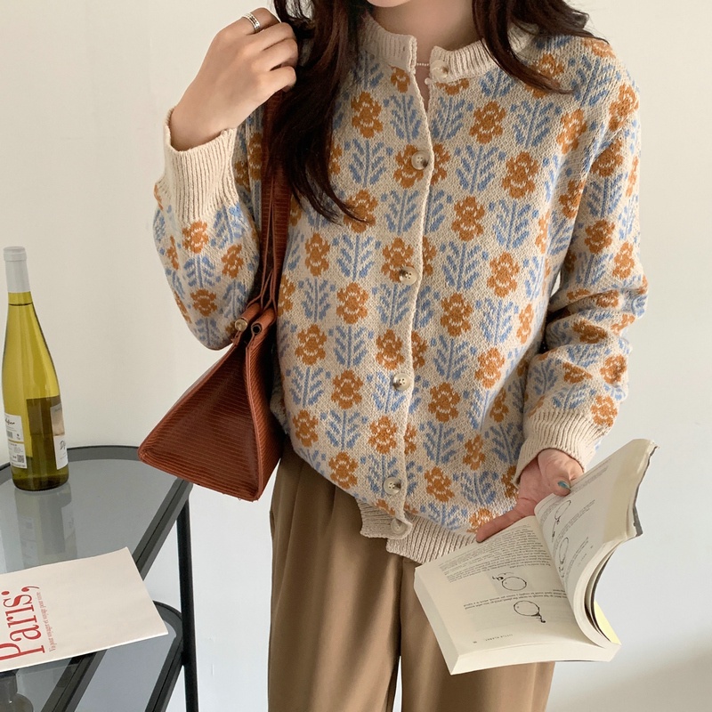 Áo khoác sweater cardigan cổ tròn họa tiết hoa phong cách phương Tây cho nữ