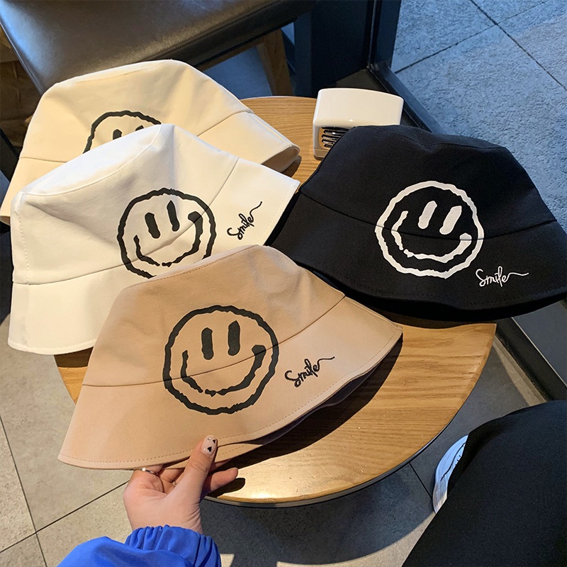 Nón Bucket Màu Đen In Họa Tiết Mặt Cười Phong Cách Nhật Bản Thời Trang Xuân Hè Độc Đáo Cho Nữ