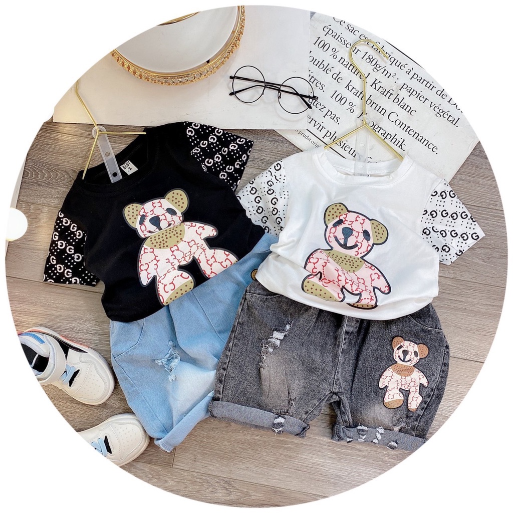 Áo cộc tay bé trai, set bộ áo gấu GC phối tay kèm quần short jean xịn sò cho bé
