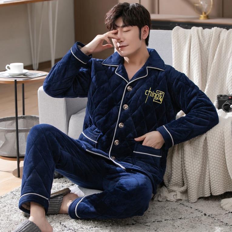 ✚❅◙Bộ đồ ngủ nam chần bông mùa đông ba lớp dày dặn áo khoác nam nỉ đệm ấm có thể mặc bên ngoài new
