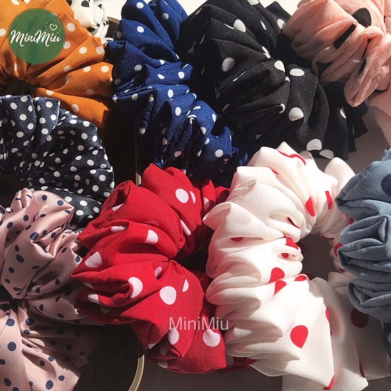 Dây buộc tóc Scrunchies handmade chấm bi nhiều màu, bản rộng 5cm, độ nhún dày chun co giãn tốt