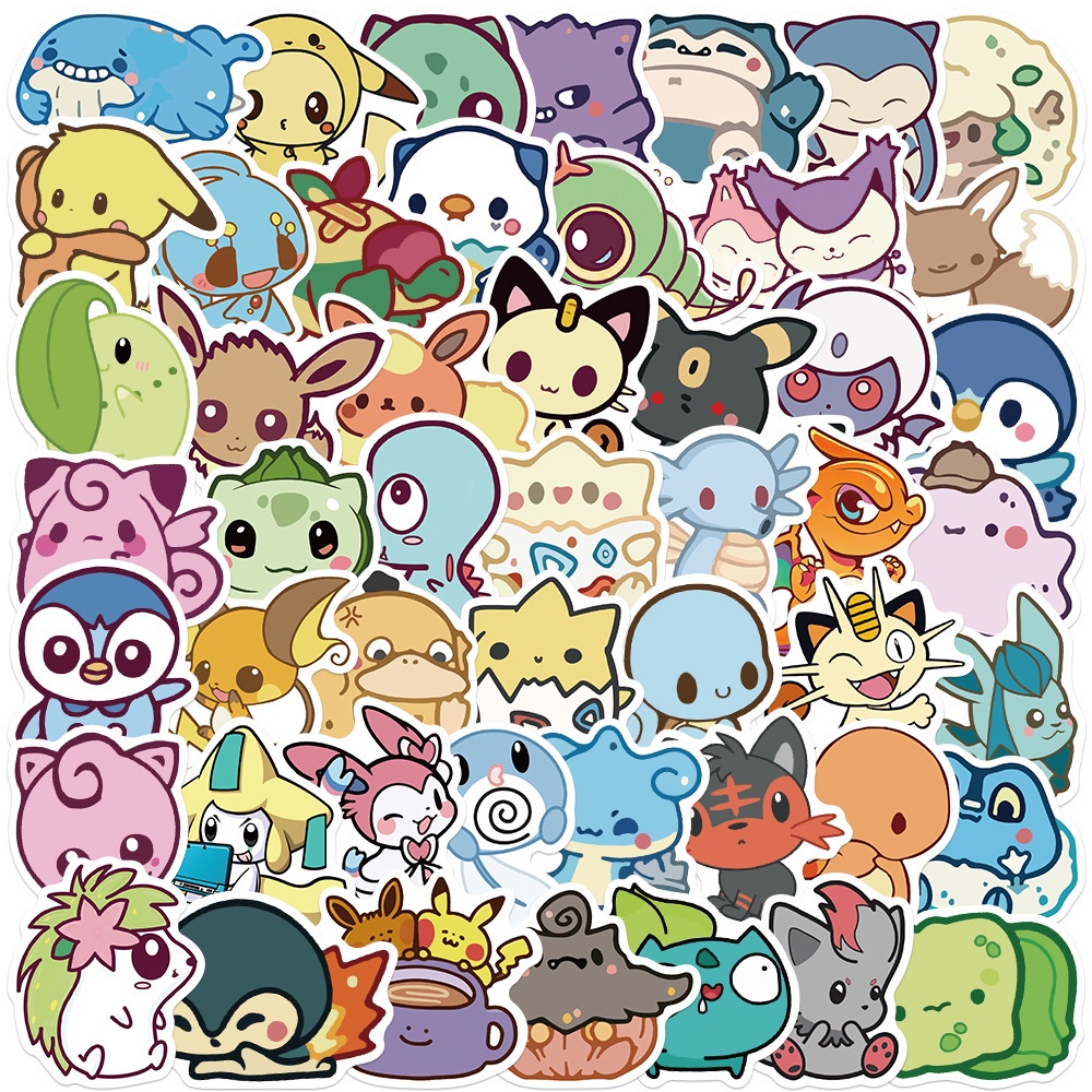 Set 50 chiếc sticker chống thấm nước POKEMON chibi dễ thương dán mũ bảo hiểm, laptop, ốp lưng, vali