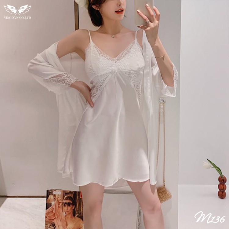 Set Áo Choàng Lụa Kèm Váy Ngủ 2 Dây VINGO Kiểu Tay Lỡ Cao Cấp Phối Ren Gợi Cảm Sexy M136 VNGO