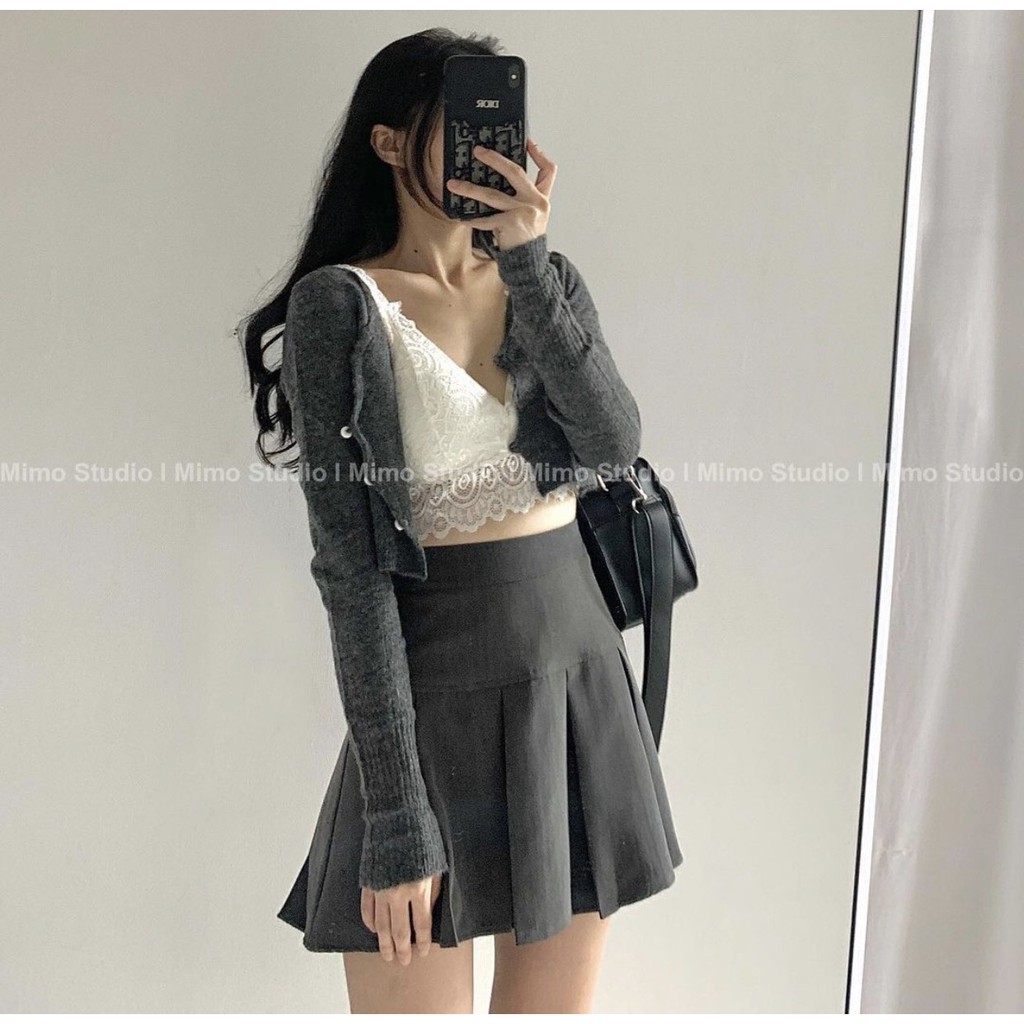 [SẴN]-Áo cardigan xám mỏng/ Áo bra ren hoa/ Váy xếp ly bảng lớn xoè xám | BigBuy360 - bigbuy360.vn