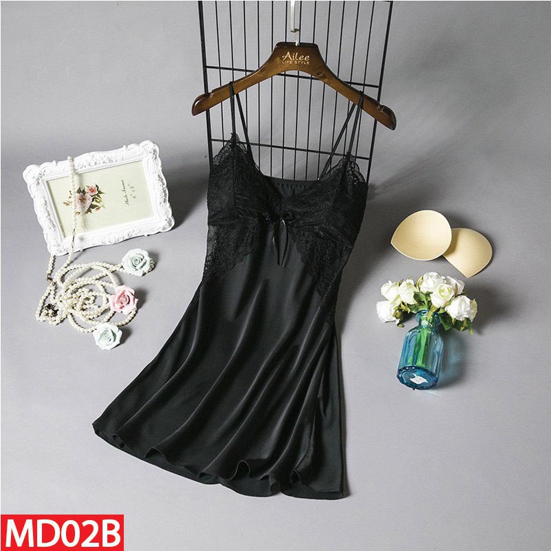 Váy Ngủ Hai Dây  Lụa Satin Có Mút Ngực Phối Ren Đủ Size Dưới 62Kg AD-02