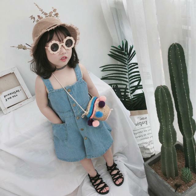 Đầm yếm denim màu trơn thời trang mùa hè cho bé gái