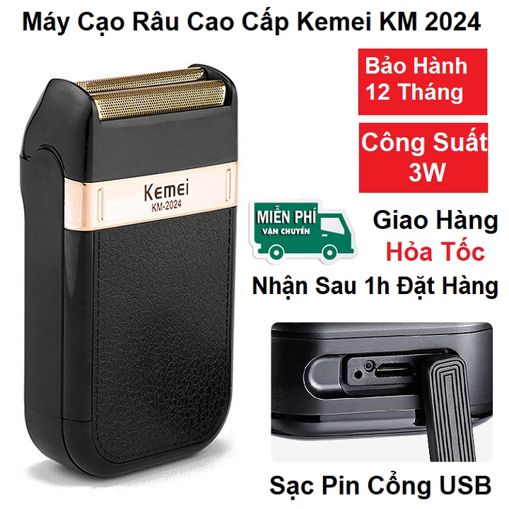 Máy Cạo Râu Khô Lưỡi Kép, Tặng Đầu Thay Thế Kemei KM-2024 - Đa Năng Thông Minh - Bảo Hành 12 Tháng