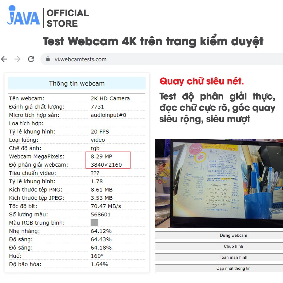 Webcam máy tính 4K - 38400 x 2160p và 2K - 2560 x 1440p - Thu hình cho máy tính, pc, TV, để bàn