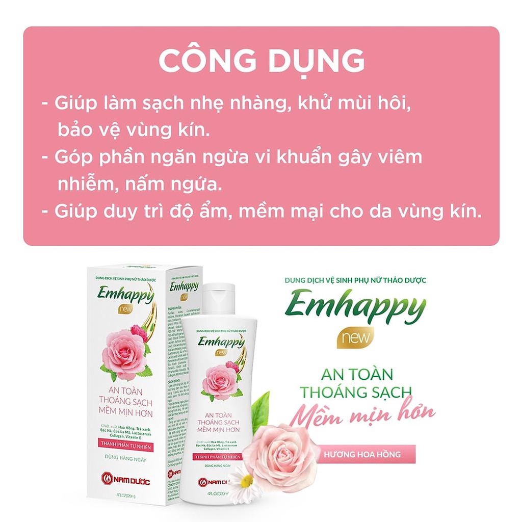 Dung dịch vệ sinh phụ nữ Emhappy Nam Dược hương hoa hồng chai 120ml