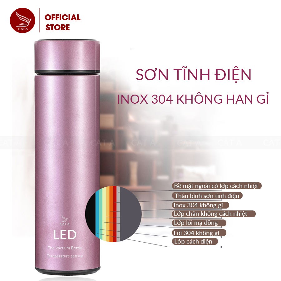 Bình giữ nhiệt Inox 2 lớp Cao Cấp THƯƠNG HIỆU CÁT Á - Đèn LED hiển thị nhiệt độ - Nhỏ gọn, sang trọng [ 500 ML ]