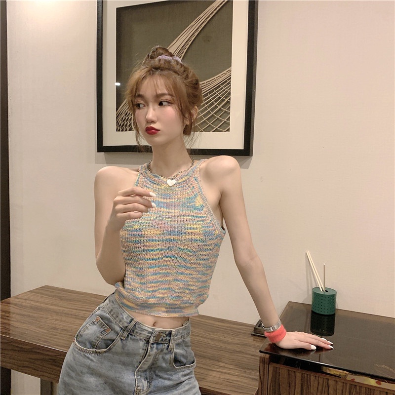Áo Dệt Kim Không Tay Cổ Tròn Hở Vai Màu Sắc Thời Trang Mùa Hè Dành Cho Nữ