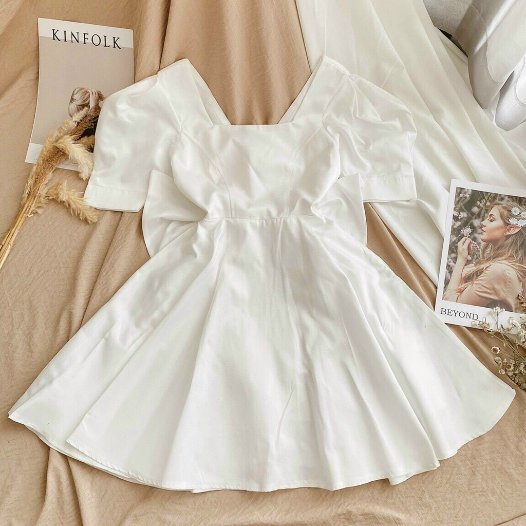 Đầm váy nữ dự tiệc trắng tiểu thư dáng xòe cổ vuông tay phồng thắt nơ sau xinh đẹp XUKA DRESS DT025