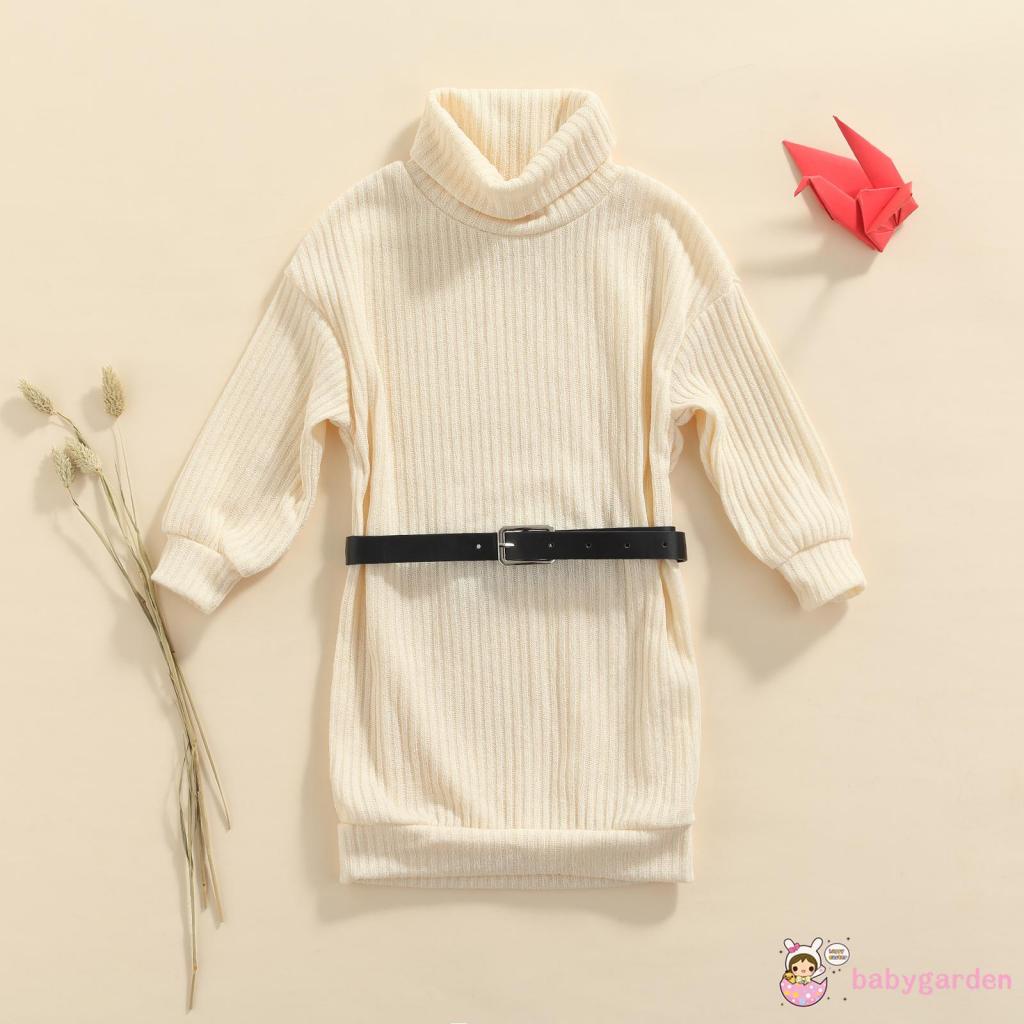 Đầm Dệt Kim Tay Dài Cổ Cao Dáng Rộng Màu Sắc Trơn Kèm Thắt Lưng Xinh Xắn Cho Bé Gái 2-7 Tuổi