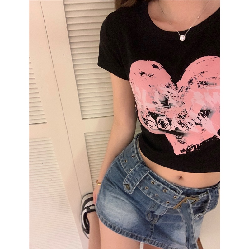 Áo Thun Tay Ngắn Dáng Ôm In Chữ Và Trái Tim Thời Trang Hàn Quốc Quyến Rũ Cho Nữ