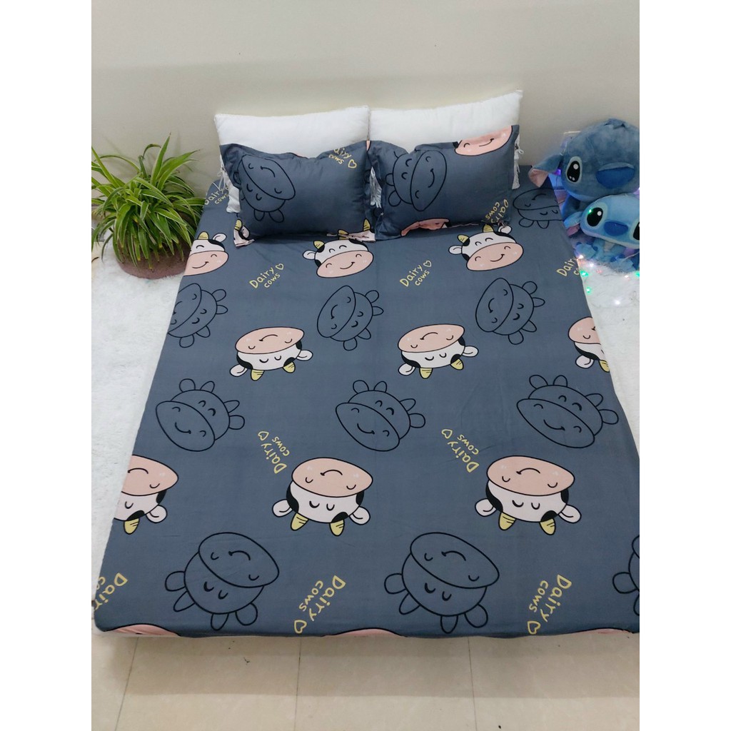 (Thanh lý) Bộ 3 món ga kèm 2 áo gối m6/m8/2m2 drap bo chun bọc nệm mẫu Vịt hồng poly cotton