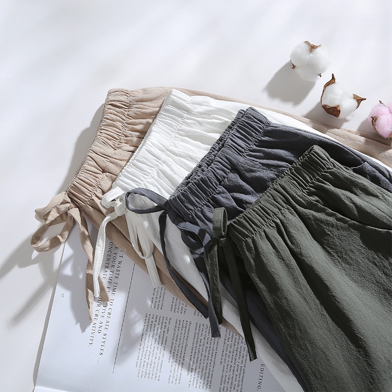 Quần short vải lanh cotton lưng cao ống rộng cho nữ