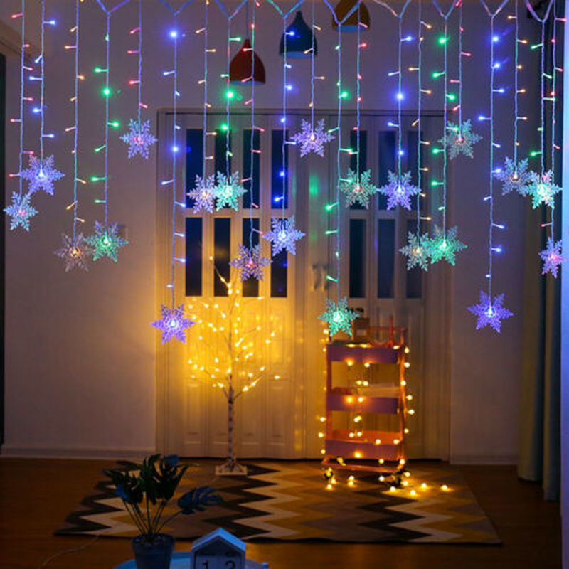 Color Christmas LED Snowflake Fairy Line Curtain Window Light Outdoor Waterproof ROA