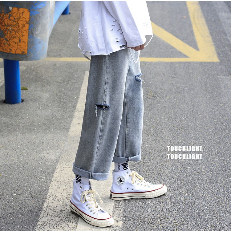 Quần Baggy Jean Trơn Rách Unisex Cho Nam Nữ Vải Jean Co Dãn, Vải Chống Nhăn